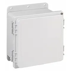 Polyester enclosure with solid hinged cover and quick-release latch. Rated NEMA 12/13/4/4X for protection against dust, water, and corrosion. Suitable for housing electrical controls, terminals, and instruments in indoor or outdoor industrial environments. Knockouts not included.