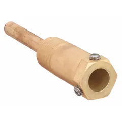 This direct-mount thermowell with setscrew is used in HVAC systems to house temperature sensors in pipes or tanks, protecting them from process pressure and flow while allowing sensor replacement without system shutdown. It features a brass shank and malleable connection material, with a 0.299-inch inside diameter and a maximum insertion/bulb length of 2-3/8 inches.