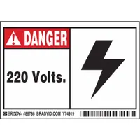 Polyester adhesive signs for marking 220-volt electrical hazards. Each sign measures 3 1/2 in x 5 in with a thickness of 0.01 in. Pack of 5. Not retroreflective, not glow-in-the-dark, no anti-slip surface. Suitable for indoor use on clean, dry surfaces
