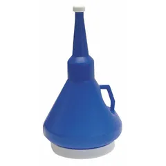 Polyethylene funnel with 40 fl oz fluid capacity, 4 in diameter, and 10 1/2 in height. Blue color. Caps on each end seal the funnel for spill-free storage and transport. Suitable for transferring fluids in industrial maintenance and processing applications.