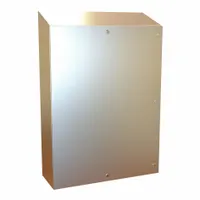 This 304 stainless steel enclosure measures 48 x 36 x 12 inches and is rated NEMA 12/13/3R/4/4X for protection against dust, water, corrosion, and ice. It features a hinged door with a 1/4-turn latch and does not include knockouts. Typical applications include housing electrical controls, terminals, and instruments in indoor or outdoor environments