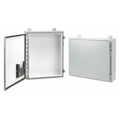 This steel enclosure measures 42 x 30 x 10 inches and is rated NEMA 12/13 for protection against dust, dirt, and non-corrosive liquids. It features a solid hinged cover secured with clamps and does not include knockouts. Typical applications include housing electrical controls and instruments in industrial environments such as factories and processing plants.