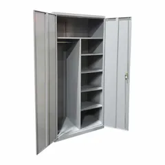 This commercial wardrobe cabinet from LYON provides secure storage for coats, uniforms, and personal items. It features a black frame, one adjustable shelf, and a swing handle with keyed lock. The cabinet is supplied fully assembled and measures 36 inches wide by 18 inches deep by 72 inches high.