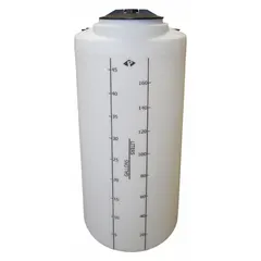 This vertical liquid storage tank has a 50-gallon capacity and a closed top. It is constructed from LLDPE with a 1/4-inch wall thickness. Suitable for bulk storage of water, chemicals, and other non-pressurized fluids in industrial, agricultural, and chemical processing applications.