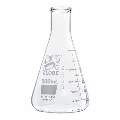 GLOBE SCIENTIFIC Erlenmeyer Flask: 500 mL, Colorless, Conical, A - Glass Erlenmeyer Flasks