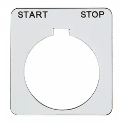 Square non-metallic plastic legend plate for push-button stations. White background with black English 'Start-Stop' legend. 30 mm panel mounting size, 1 13/16 in overall height and width. Notch design for alignment.