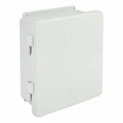 This WIEGMANN fiberglass enclosure is designed for indoor electrical and electronic equipment protection. It measures 11 x 9 x 5 inches and features a solid hinged cover with a padlock hasp closure. Rated NEMA 1, it is suitable for general-purpose indoor applications where protection from dust and light moisture is needed, such as housing controls, terminals, or instrumentation. No knockouts are included.