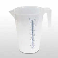 Translucent clear oil measuring container with a 3 L capacity and lip spout. Overall height 9 1/2 in. Graduation marks included for accurate measurement. Used for precise dispensing and transfer of oils and fluids in maintenance and lubrication tasks.