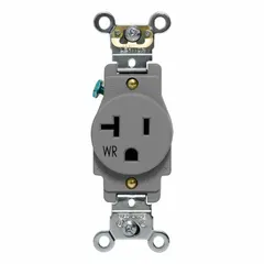 Single general-purpose receptacle rated 125V AC, 20 A, 5-20 configuration, 2 pole/3 wire. Gray nylon body with weather-resistant construction for outdoor or damp locations. Suitable for residential, commercial, and industrial installations requiring a single 125V outlet.