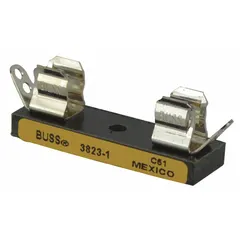 Single-pole open block design fuse block for glass and ceramic cartridge fuses. Rated 250 V AC. Used in industrial control panels, power distribution, and equipment protection circuits to securely hold and connect fuses.