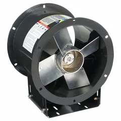 This unassembled belt-drive fan is designed for use in hazardous locations classified as Class I, Groups C and D. It features a 12-inch blade, delivers 1,904 cfm at 0.000 in static pressure, and operates on 115/230V AC single-phase power. The capacitor-start motor has a totally enclosed fan-cooled enclosure, and the fan includes spark-resistant construction type B and a drive package for vertical mounting.