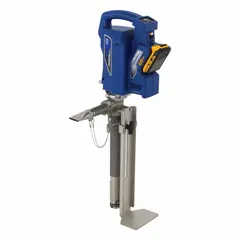Battery-powered mud loading pump for transferring drywall mud into containers up to 5 gallons. Operates on 120V and weighs 15 lb. Includes an adjustable bucket stabilizer for secure positioning during use.