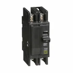 The SQUARE D QOU240 is a 40 A, 2-pole miniature circuit breaker from the QOU Series, rated for 120/240V AC single-phase systems with a maximum interrupting rating of 10kA at 120/240V AC. Designed for unit-mount installation, it provides overcurrent protection for heating circuits in residential or light commercial applications.