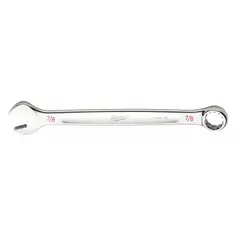 Chrome-finished combination wrench with a 7/8 in 12-point box end and open end. Overall length of 11 1/2 in. Used for tightening and loosening hex fasteners in mechanical assembly and maintenance tasks.