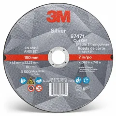 This 3M cut-off wheel is designed for cool-cutting carbon and stainless steel. The ceramic abrasive and 60 grit minimize heat buildup, reducing discoloration and burrs. Suitable for metal fabrication, maintenance, and repair tasks. Dimensions: 7" diameter, 0.045" thickness, 7/8" arbor hole.