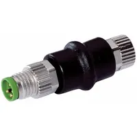 M8 circular connector gender adapter with a 4-pole male to 3-pole female configuration. A-coded, rated 800V and 4A nominal current. PUR housing with nickel finish, IP67 rated. Used to connect M8 male cables to female devices in industrial automation and sensor networks