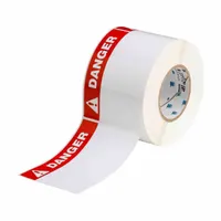 DANGER-header precut label roll measuring 4 in x 6 in. Made of white polyester with rubber adhesive, halogen-free, and rated for indoor/outdoor use. Compatible with IP Series printers. Used for safety identification in industrial environments