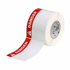 DANGER-header precut label roll measuring 4 in x 6 in. Made of white polyester with rubber adhesive, halogen-free, and rated for indoor/outdoor use. Compatible with IP Series printers. Used for safety identification in industrial environments.
