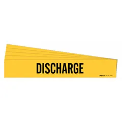 Yellow adhesive pipe markers with black 'Discharge' legend, without arrows. Each marker fits pipe outer diameters from 2-1/2 to 7-7/8 inches. Pack of 5. Used to identify pipes carrying discharge media in industrial piping systems.