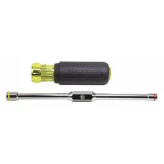 This SAE multi-bit nut driver features a hollow round shank that accommodates long bolts and threaded rods. The magnetized tip holds fasteners securely during straight driving tasks. Suitable for electrical, maintenance, and assembly applications.