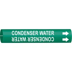 This snap-on pipe marker identifies condenser water lines in industrial piping systems. It features a green background with white legend text and directional arrows, fitting pipe outer diameters from 4 to 6 inches. The marker is used for clear labeling of pipe contents to support facility safety and compliance.