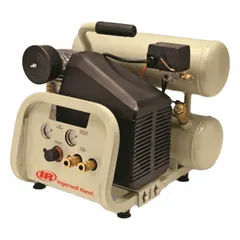 This hand-carry portable electric air compressor features a 4-gallon twin-stack tank and a 2 hp motor delivering 4.3 cfm at 90 psi and 3.2 cfm at 135 psi from a 120V AC power source. It includes a front panel-mounted regulator and uses synthetic oil. Typical applications include inflating tires, operating nail guns, and powering small air tools in job sites and workshops.