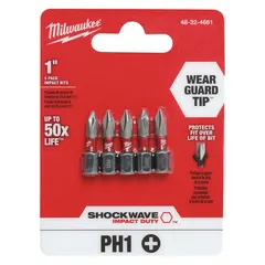 Standard hex insert bit for driving Phillips-head fasteners. Features a #1 (PH1 industry size) tip and hex shank for secure fit in power tool chucks. Supplied as a 5-pack. Suitable for assembly, maintenance, and repair tasks.