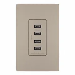 This weather-resistant receptacle from Legrand features four USB Type-A ports for charging devices, suitable for areas exposed to moisture such as patios, kitchens, or outdoor workspaces. It operates at 125V AC and 15A, with a nickel finish.