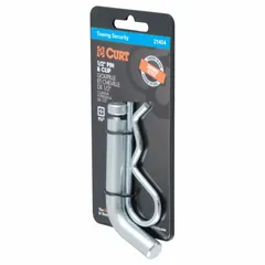 Steel hitch pin with zinc-plated finish, 1/2 in diameter and 3 7/8 in overall length. Includes a hitch clip for secure attachment. Designed for use with Class II hitches and 1 1/4 in receiver tubes in towing applications.