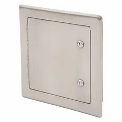 This locking access door is constructed from 16-gauge 304 stainless steel with an exposed flange and concealed hinge. Designed for wall mounting, it provides secure access to equipment such as valves, electrical panels, or plumbing connections in commercial and industrial settings.
