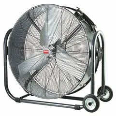 Mobile industrial floor fan with 36-inch blade diameter, powered by a 120V AC, 1/2 hp direct-drive motor. Steel construction provides durability for portable air movement in workshops, warehouses, and factories. Suitable for cooling, ventilation, or drying applications.