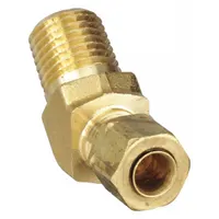 Compression x MNPT fitting for connecting tubing to male pipe threads at a 90-degree angle. Self-aligning brass construction provides a leak-tight seal without flaring or soldering. Suitable for pneumatic, hydraulic, and instrumentation systems. Sold in packs of 10