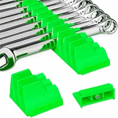 This modular wrench organizer holds wrenches in a toolbox drawer. Its magnetic base secures tools in place for quick access. Overall width is 2 1/4 inches.