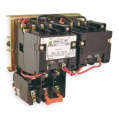 Three-pole reversing starter with thermal overload protection, NEMA Size 3, rated 90 A. Coil voltage 120V AC. Screw clamp terminals. Requires three melting alloy thermal units (not included). Used for forward and reverse control of three-phase AC motors in applications such as conveyors, pumps, and hoists.