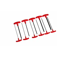 This T-shaped hex key set includes 11 pieces with SAE sizes, featuring standard and long ends for access to recessed fasteners. The black oxide finish provides corrosion resistance. Keys are supplied in a pouch for organized storage. Typical applications include tightening or loosening hex socket screws and bolts in maintenance, assembly, and repair tasks.