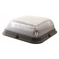 Square LED vehicle flashing beacon with amber/white lens, 8 selectable flash patterns, and SAE Class 1 rating. Operates on 12-24V DC with blunt cut wires for electrical connection. Includes gasket for bolt mounting. Overall dimensions: 6 1/2 in wide by 2 3/16 in high. Used for warning signals on emergency vehicles, construction equipment, and industrial trucks
