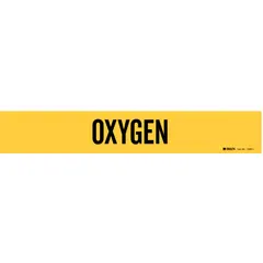 Yellow adhesive pipe marker with black legend reading 'Oxygen'. Fits pipe outer diameters from 2-1/2 to 7-7/8 inches. Supplied without arrows. Used to identify oxygen lines in piping systems.
