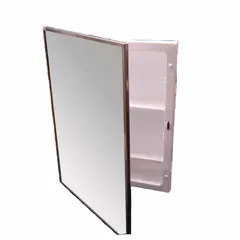 This recessed mirrored medicine cabinet features a bright annealed stainless steel frame with a silver finish and an acrylic body. The cabinet includes a glass mirror and is designed for recessed installation in bathrooms or washrooms. Overall dimensions are 22 1/4 inches in height and 16 1/4 inches in width.