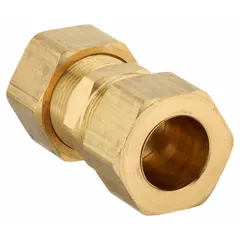 Brass compression fitting for connecting two tubes of 3/4 in outer diameter. Standard sleeve design provides a leak-resistant joint without soldering. Suitable for pneumatic, hydraulic, and instrumentation lines. Sold in a pack of 10.