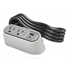 Surface-mount furniture power strip with two 5-15R outlets and one Type A USB connector. White rectangular housing, 4.88 in width, 6 ft cord. Designed for direct installation on desks or workstations to provide AC power and USB charging.