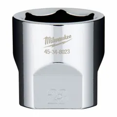 This 3/8 in drive, 23 mm socket is a 6-point, standard-length anti-roll hand socket made of chrome. Designed for use with metric hex fasteners in general maintenance and repair tasks.