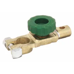 Rotary battery disconnect switch for 12V negative terminal isolation. Brass contacts, rated 100 A continuous, 135 A surge. Used to prevent parasitic battery drain and enable safe maintenance on vehicles or equipment.