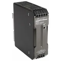 Single-phase DIN rail mount DC power supply with metal housing. Rated output power 120 W and output current 5 A. Input voltage range 100 to 240V AC. Suitable for powering control devices in industrial panels and automation systems.