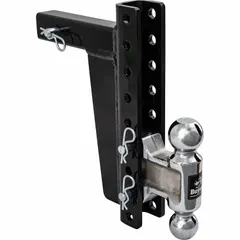 This adjustable dual ball hitch from BUYERS PRODUCTS combines a 2 in and 2-5/16 in ball diameter in one unit for towing trailers with different ball sizes. Made of steel with a chrome finish, it is corrosion-resistant and includes a hitch pin. Suitable for Class 4 vehicles with a 2 in compatible ball shank diameter.