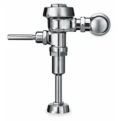 Exposed manual flush valve for urinals with top spud connection. Provides 1 gallon per flush. Rough-in dimension of 11-1/2 inches. Suitable for commercial restroom applications requiring water-efficient operation.