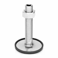 This non-skid male leveling mount features a 3.15 in round base with a Buna-N thrust pad and a swiveling stud for angular adjustment. It has a 3/4"-10 thread size, 4,496 lbf load capacity, plain finish, and includes a nut. Used for leveling and stabilizing industrial machinery, conveyors, and heavy equipment while reducing vibration and preventing skidding
