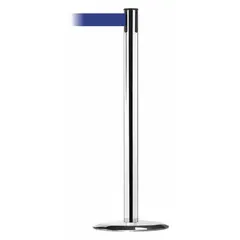 This retractable belt post barrier features a blue belt with no legend or pattern, extending to 7 1/2 ft. The post is constructed from gray metal alloy with a cast iron base. It is used for pedestrian flow management and temporary area delineation in industrial, warehouse, and public settings.