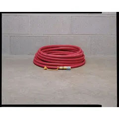 The 3M W-3020-50 is a 50 ft rubber airline hose with a 1/2 in inside diameter and 3/8 in male pipe thread fittings. Rated for a maximum pressure of 125 psi, it is designed to supply breathable air to respirator systems in industrial environments such as painting, chemical handling, and confined-space entry.