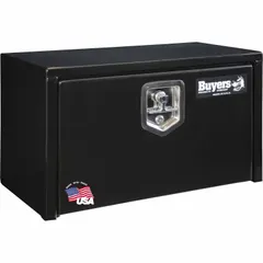 This single drop-down door box is constructed from black steel and features a keyed lock for security. It is designed for underbody mounting on trucks, providing lockable storage for tools and equipment in service, construction, and fleet applications.