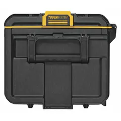 This black plastic tool organizer box from DEWALT measures 14-3/4 inches wide by 21-3/4 inches deep by 12-3/8 inches high. It includes one removable divider for internal organization. Designed for storing and transporting tools and accessories, it integrates with the Tough System stackable modular storage lineup.